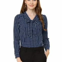Allegra K Women's Elegant Bow Tie Neck Puff Long Sleeve Plaid Top Work Shirt Blouse