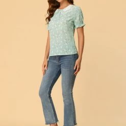 Allegra K Women's Peter Pan Collar Contrast Bubble Sleeve Floral Blouse 11 Allegra K Women's Peter Pan Collar Contrast Bubble Sleeve Floral Blouse