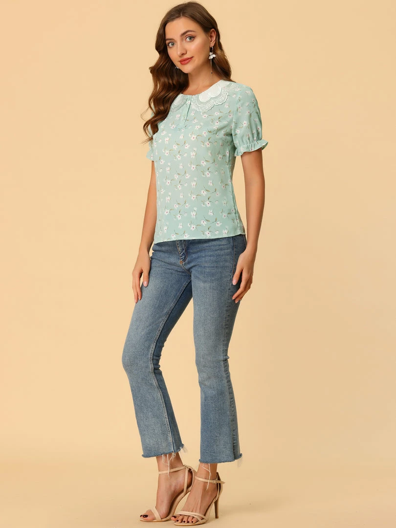 Allegra K Women's Peter Pan Collar Contrast Bubble Sleeve Floral Blouse 5 Allegra K Women's Peter Pan Collar Contrast Bubble Sleeve Floral Blouse