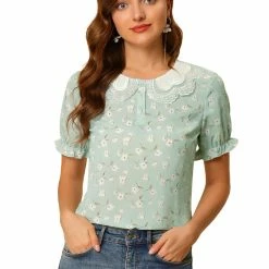 Allegra K Women's Peter Pan Collar Contrast Bubble Sleeve Floral Blouse 12 Allegra K Women's Peter Pan Collar Contrast Bubble Sleeve Floral Blouse