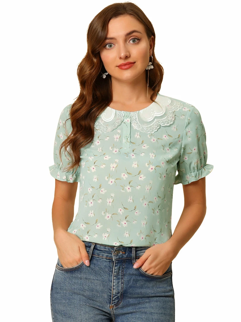 Allegra K Women's Peter Pan Collar Contrast Bubble Sleeve Floral Blouse 6 Allegra K Women's Peter Pan Collar Contrast Bubble Sleeve Floral Blouse