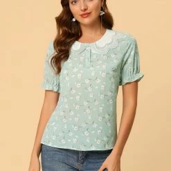 Allegra K Women's Peter Pan Collar Contrast Bubble Sleeve Floral Blouse 13 Allegra K Women's Peter Pan Collar Contrast Bubble Sleeve Floral Blouse