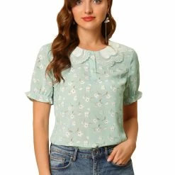 Allegra K Women's Peter Pan Collar Contrast Bubble Sleeve Floral Blouse