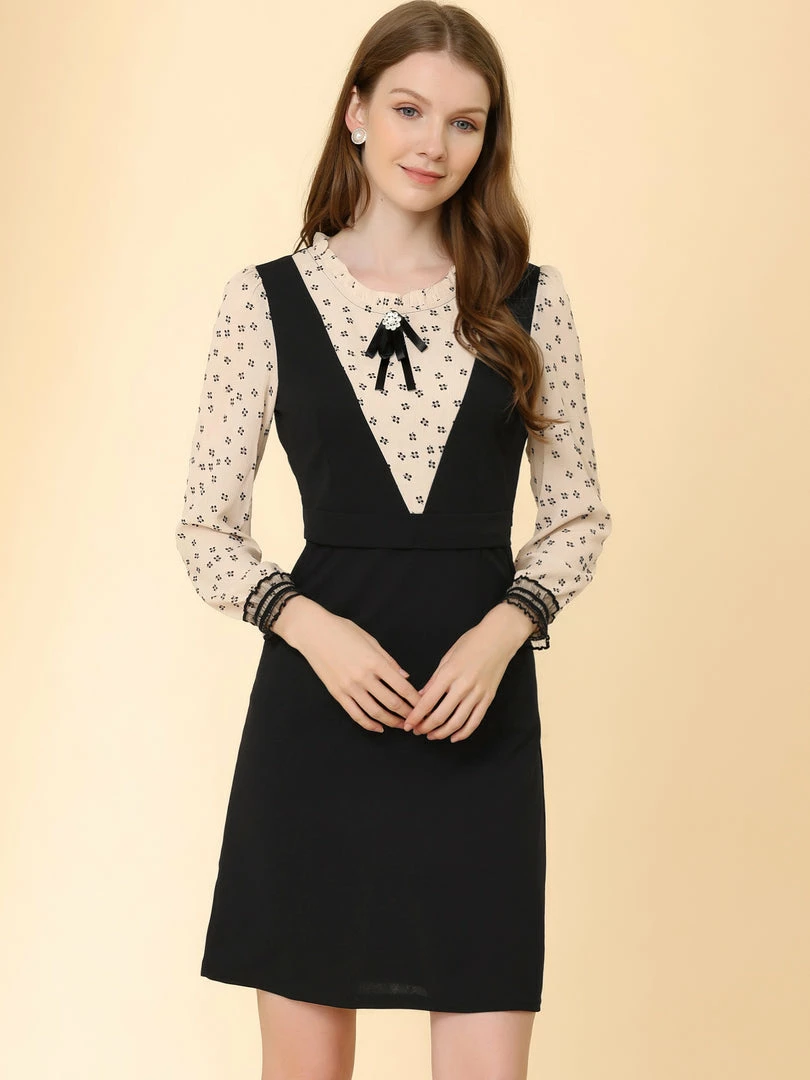 Allegra K Women's Elegant Ruffle Neck Contrast Panel Long Sleeve Dress 5 Allegra K Women's Elegant Ruffle Neck Contrast Panel Long Sleeve Dress