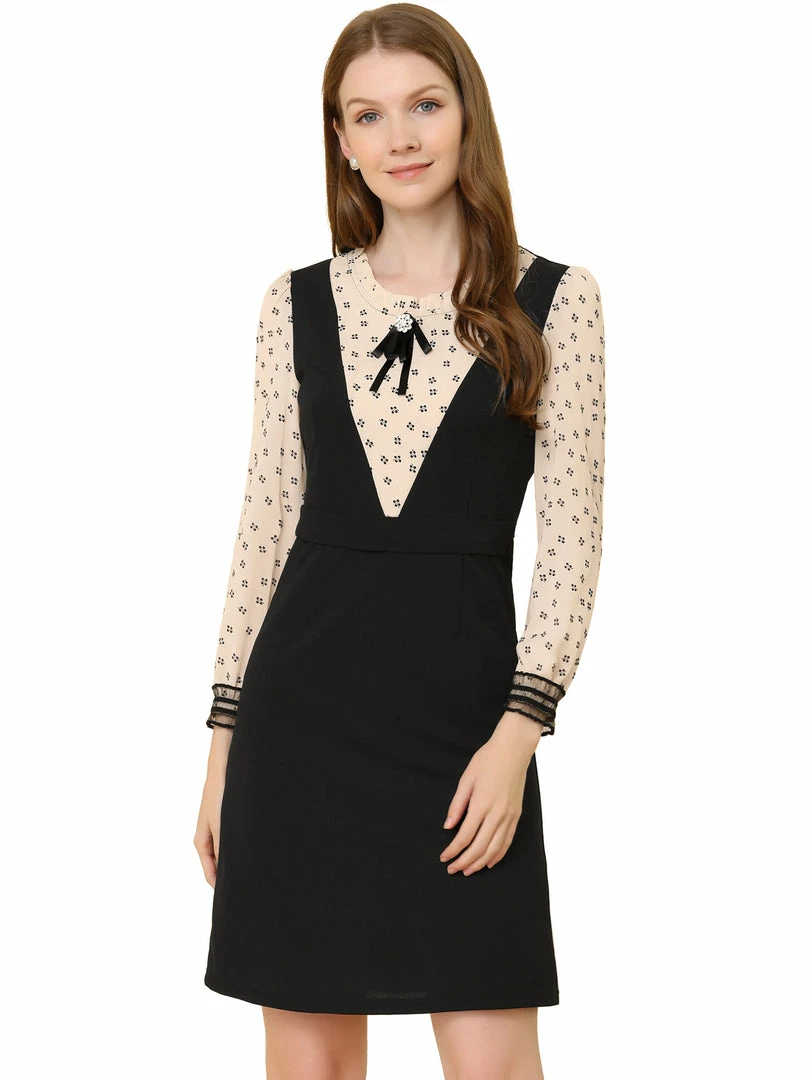 Allegra K Women's Elegant Ruffle Neck Contrast Panel Long Sleeve Dress 4 Allegra K Women's Elegant Ruffle Neck Contrast Panel Long Sleeve Dress