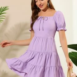 Allegra K Women's Square Neck Ruffle Sleeve Smocked Back Tiered Flowy Dress