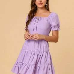 Allegra K Women's Square Neck Ruffle Sleeve Smocked Back Tiered Flowy Dress