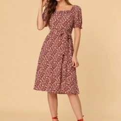 Allegra K Women's Floral Square Neck Tie Waist A-Line Midi Dress
