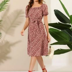 Allegra K Women's Floral Square Neck Tie Waist A-Line Midi Dress