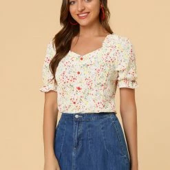 Allegra K Women's Sweetheart Neck Button Decor Smocked Shoulder Floral Blouse