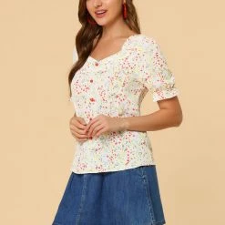 Allegra K Women's Sweetheart Neck Button Decor Smocked Shoulder Floral Blouse