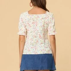 Allegra K Women's Sweetheart Neck Button Decor Smocked Shoulder Floral Blouse