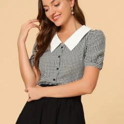 Allegra K Women's Plaid Puff Sleeve Blouse Contrast Collar Button Down Shirt Tops 11 Allegra K Women's Plaid Puff Sleeve Blouse Contrast Collar Button Down Shirt Tops