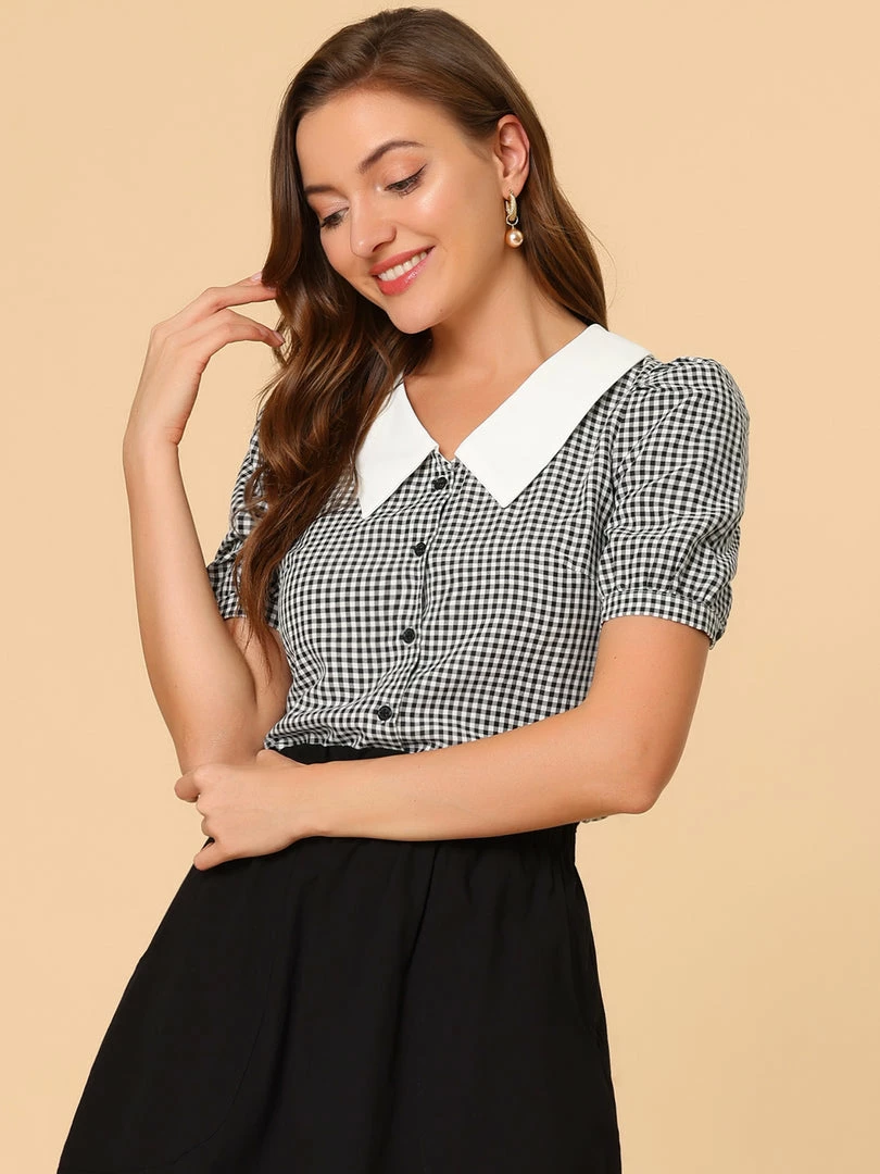 Allegra K Women's Plaid Puff Sleeve Blouse Contrast Collar Button Down Shirt Tops 5 Allegra K Women's Plaid Puff Sleeve Blouse Contrast Collar Button Down Shirt Tops