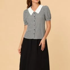 Allegra K Women's Plaid Puff Sleeve Blouse Contrast Collar Button Down Shirt Tops 12 Allegra K Women's Plaid Puff Sleeve Blouse Contrast Collar Button Down Shirt Tops