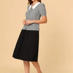 Allegra K Women's Plaid Puff Sleeve Blouse Contrast Collar Button Down Shirt Tops 13 Allegra K Women's Plaid Puff Sleeve Blouse Contrast Collar Button Down Shirt Tops