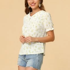 Allegra K Women's Floral Peter Pan Collar Lace Trim Ruffle Sleeve Blouse