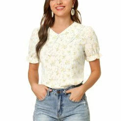Allegra K Women's Floral Peter Pan Collar Lace Trim Ruffle Sleeve Blouse