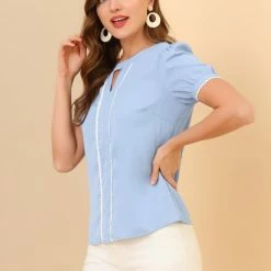 Allegra K Women's Blouse Puff Sleeve Round Neck Cutout Lace Trim Short Sleeve