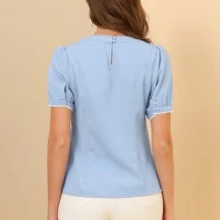 Allegra K Women's Blouse Puff Sleeve Round Neck Cutout Lace Trim Short Sleeve