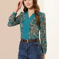 Allegra K Women's Floral Blouse V Neck Puff Long Sleeve Button Decor Office Top 12 Allegra K Women's Floral Blouse V Neck Puff Long Sleeve Button Decor Office Top