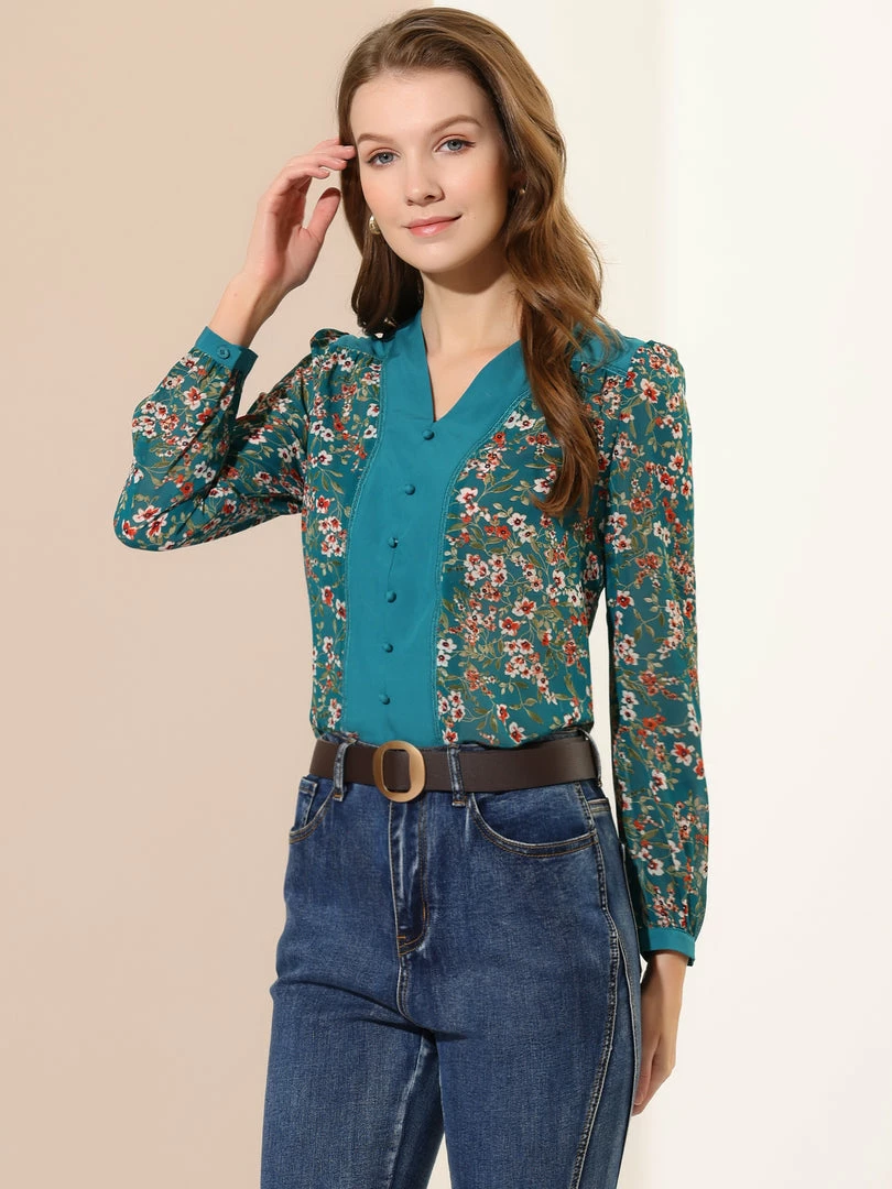 Allegra K Women's Floral Blouse V Neck Puff Long Sleeve Button Decor Office Top 6 Allegra K Women's Floral Blouse V Neck Puff Long Sleeve Button Decor Office Top