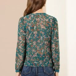 Allegra K Women's Floral Blouse V Neck Puff Long Sleeve Button Decor Office Top 14 Allegra K Women's Floral Blouse V Neck Puff Long Sleeve Button Decor Office Top