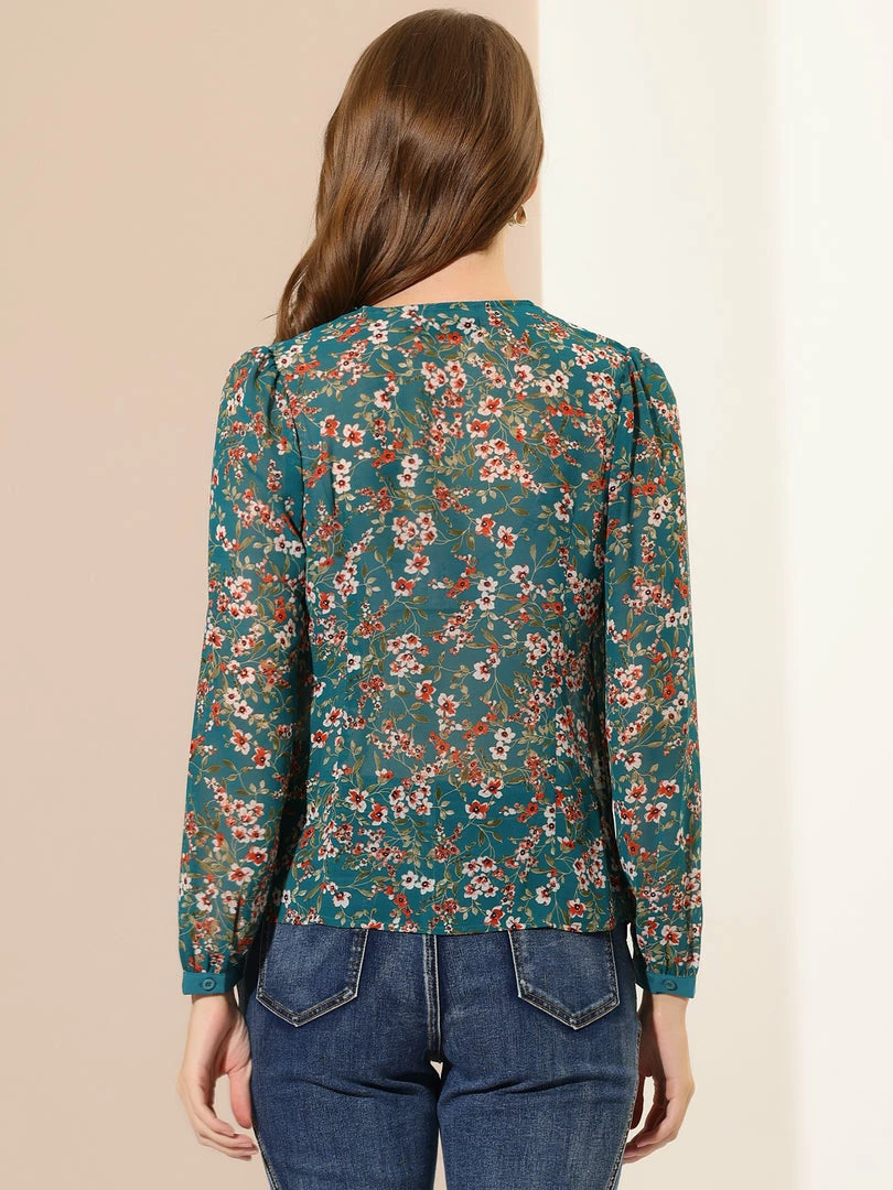 Allegra K Women's Floral Blouse V Neck Puff Long Sleeve Button Decor Office Top 8 Allegra K Women's Floral Blouse V Neck Puff Long Sleeve Button Decor Office Top