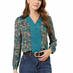 Allegra K Women's Floral Blouse V Neck Puff Long Sleeve Button Decor Office Top