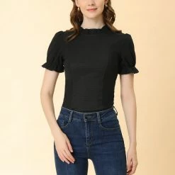 Allegra K Women's Ruffled Stand Collar Elastic Cuffs Short Sleeve Smocked Top 11 Allegra K Women's Ruffled Stand Collar Elastic Cuffs Short Sleeve Smocked Top