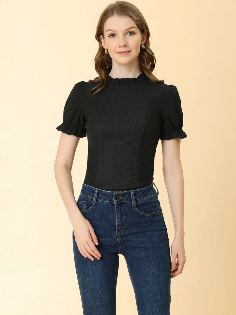 Allegra K Women's Ruffled Stand Collar Elastic Cuffs Short Sleeve Smocked Top 5 Allegra K Women's Ruffled Stand Collar Elastic Cuffs Short Sleeve Smocked Top