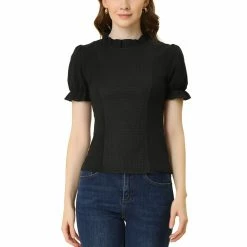 Allegra K Women's Ruffled Stand Collar Elastic Cuffs Short Sleeve Smocked Top 12 Allegra K Women's Ruffled Stand Collar Elastic Cuffs Short Sleeve Smocked Top