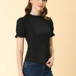 Allegra K Women's Ruffled Stand Collar Elastic Cuffs Short Sleeve Smocked Top 13 Allegra K Women's Ruffled Stand Collar Elastic Cuffs Short Sleeve Smocked Top