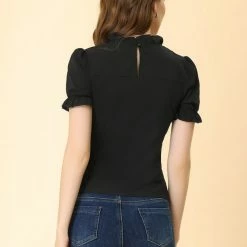 Allegra K Women's Ruffled Stand Collar Elastic Cuffs Short Sleeve Smocked Top 14 Allegra K Women's Ruffled Stand Collar Elastic Cuffs Short Sleeve Smocked Top