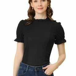 Allegra K Women's Ruffled Stand Collar Elastic Cuffs Short Sleeve Smocked Top