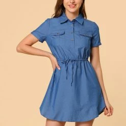 Allegra K Women's Point Collar Chest Pocket Button Down Drawstring Tie Waist Shirt Dress
