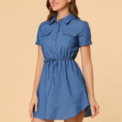 Allegra K Women's Point Collar Chest Pocket Button Down Drawstring Tie Waist Shirt Dress