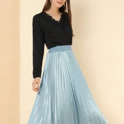 Allegra K Women's Elastic Waist Party Metallic Accordion Pleated Midi Skirt