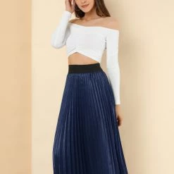 Allegra K Women's Elastic Waist Party Metallic Accordion Pleated Midi Skirt