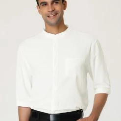 Allegra K Men's Linen Shirt Roll-up 3/4 Sleeves Casual Band Collar Beach Tops