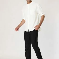 Allegra K Men's Linen Shirt Roll-up 3/4 Sleeves Casual Band Collar Beach Tops