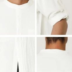 Allegra K Men's Linen Shirt Roll-up 3/4 Sleeves Casual Band Collar Beach Tops