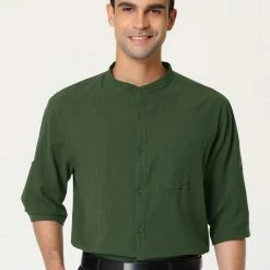 Allegra K Men's Linen Shirt Roll-up 3/4 Sleeves Casual Band Collar Beach Tops