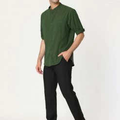 Allegra K Men's Linen Shirt Roll-up 3/4 Sleeves Casual Band Collar Beach Tops