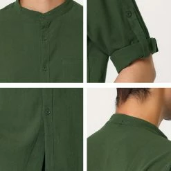 Allegra K Men's Linen Shirt Roll-up 3/4 Sleeves Casual Band Collar Beach Tops
