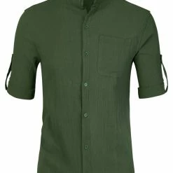 Allegra K Men's Linen Shirt Roll-up 3/4 Sleeves Casual Band Collar Beach Tops