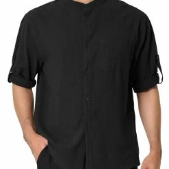 Allegra K Men's Linen Shirt Roll-up 3/4 Sleeves Casual Band Collar Beach Tops