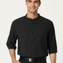 Allegra K Men's Linen Shirt Roll-up 3/4 Sleeves Casual Band Collar Beach Tops