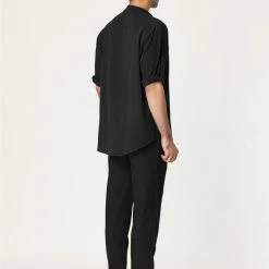 Allegra K Men's Linen Shirt Roll-up 3/4 Sleeves Casual Band Collar Beach Tops