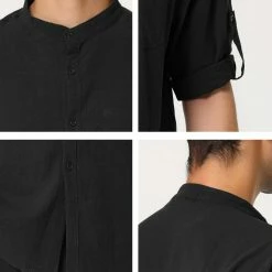 Allegra K Men's Linen Shirt Roll-up 3/4 Sleeves Casual Band Collar Beach Tops